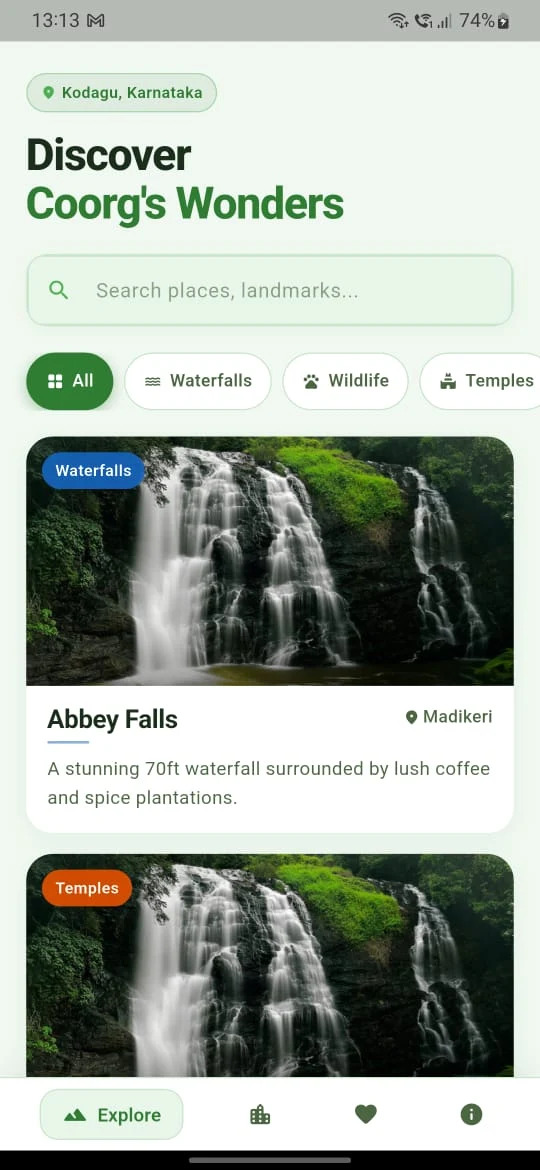 One Coorg Explore screen with waterfall listing