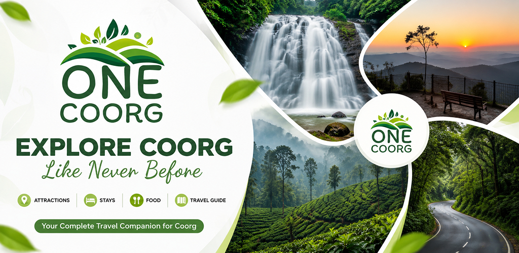 One Coorg promotional banner with waterfall, viewpoint and coffee estate photos